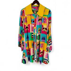 July Liebe Colorful Cat Print Button Front Tunic Dress Art Deco Size 3XL